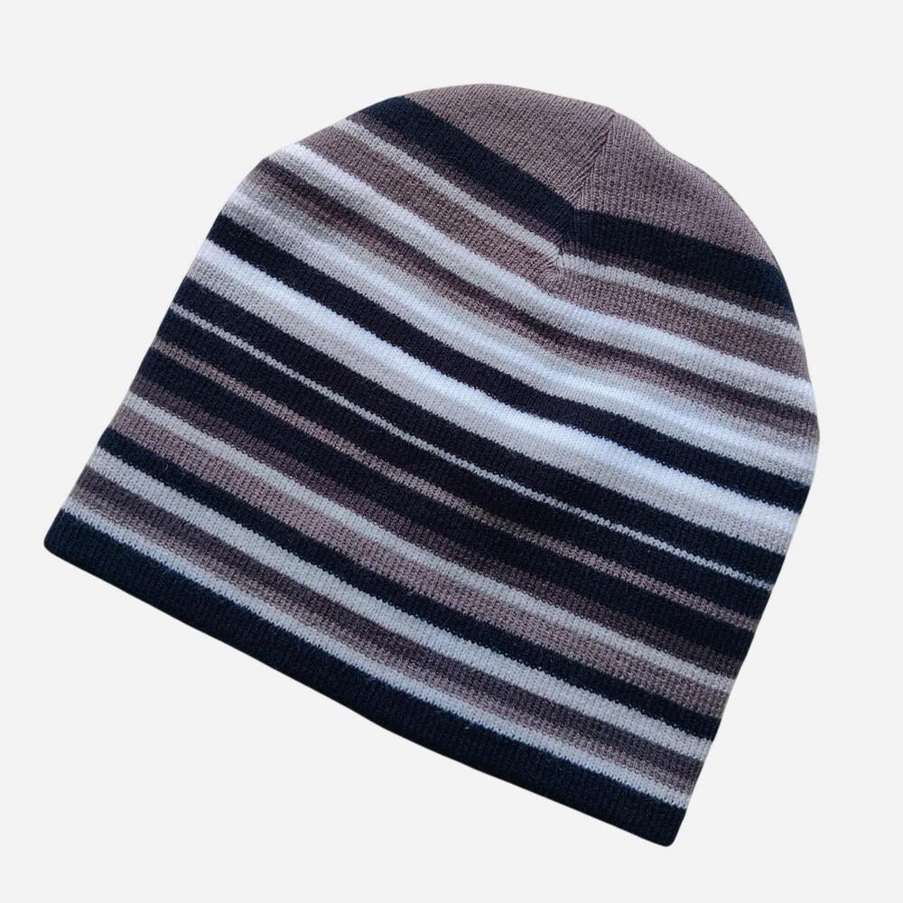 blue and grey striped beanie with a retro vibe